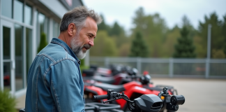 Prix d’un quad neuf : quels critères influencent le coût Homme d'âge moyen examinant un quad neuf en concession