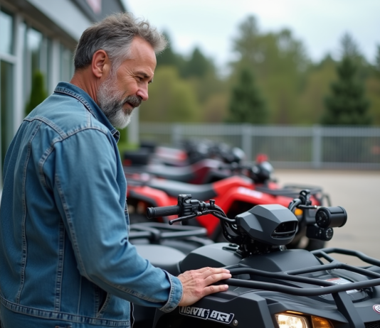 Prix d’un quad neuf : quels critères influencent le coût Homme d'âge moyen examinant un quad neuf en concession