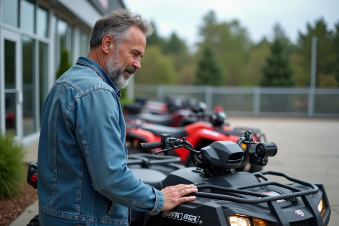 homme-quads-dealerie Homme d'âge moyen examinant un quad neuf en concession