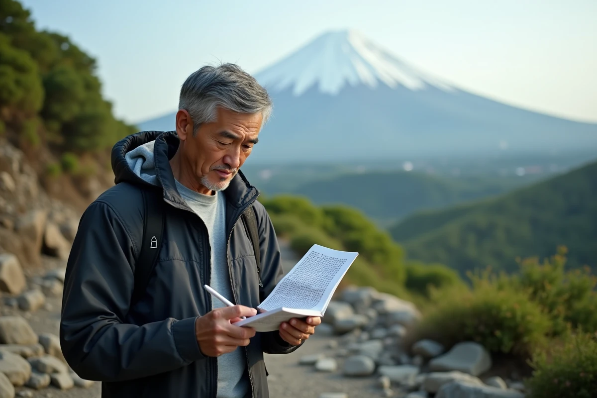 Homme japonais en randonnée près du mont Fuji avec puzzle