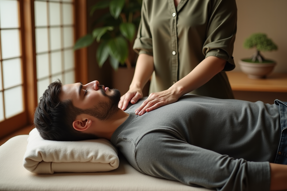 Jeune homme recevant un shiatsu sur une table de massage