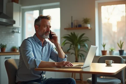 Homme d'âge moyen utilisant son smartphone dans une cuisine moderne