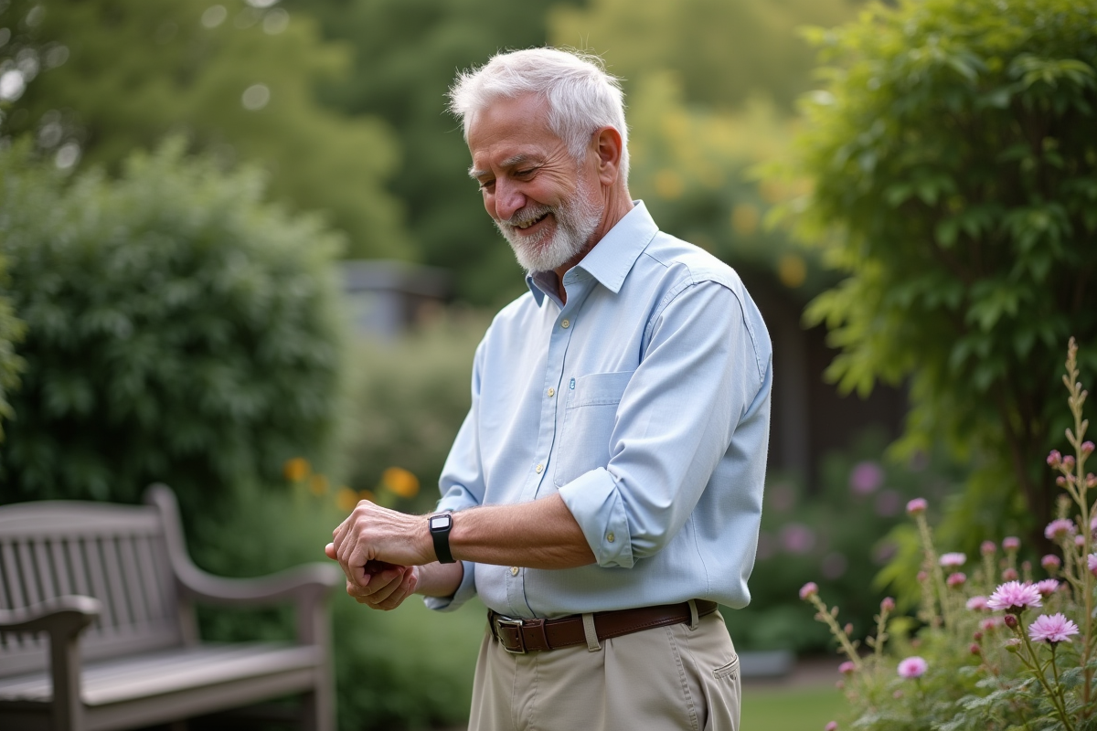 Homme âgé ajustant un bracelet santé en argent dans un jardin paisible