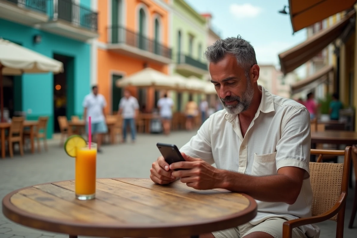 Homme consultant son smartphone pour l'heure locale dans un café en terrasse à Pointe-à-Pitre en Guadeloupe
