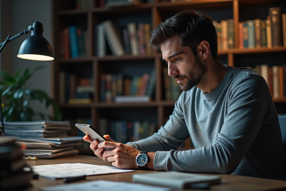 Homme consultant une solution de jeu Rooms and Exits sur tablette à son bureau
