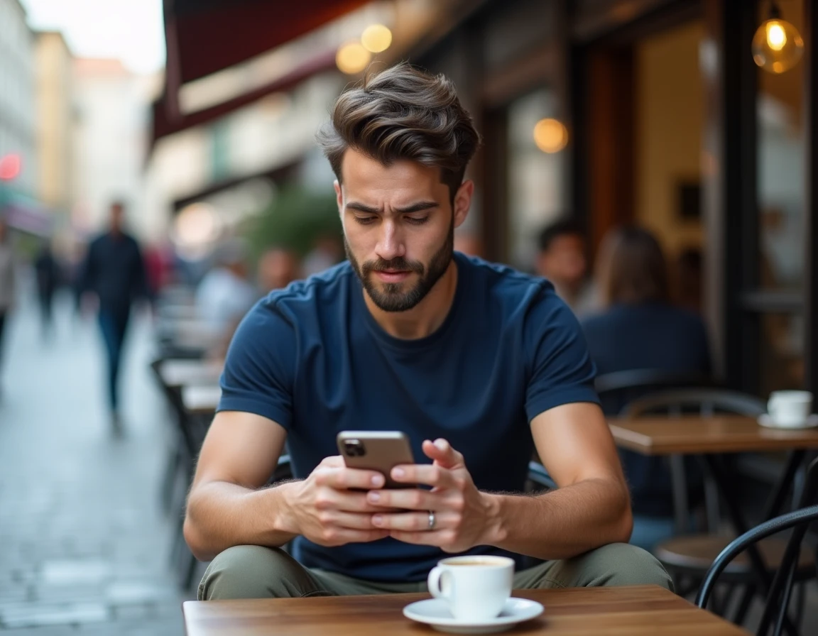 Jeune homme perplexe consultant son téléphone en terrasse de café, illustrant la distance émotionnelle sur les réseaux sociaux