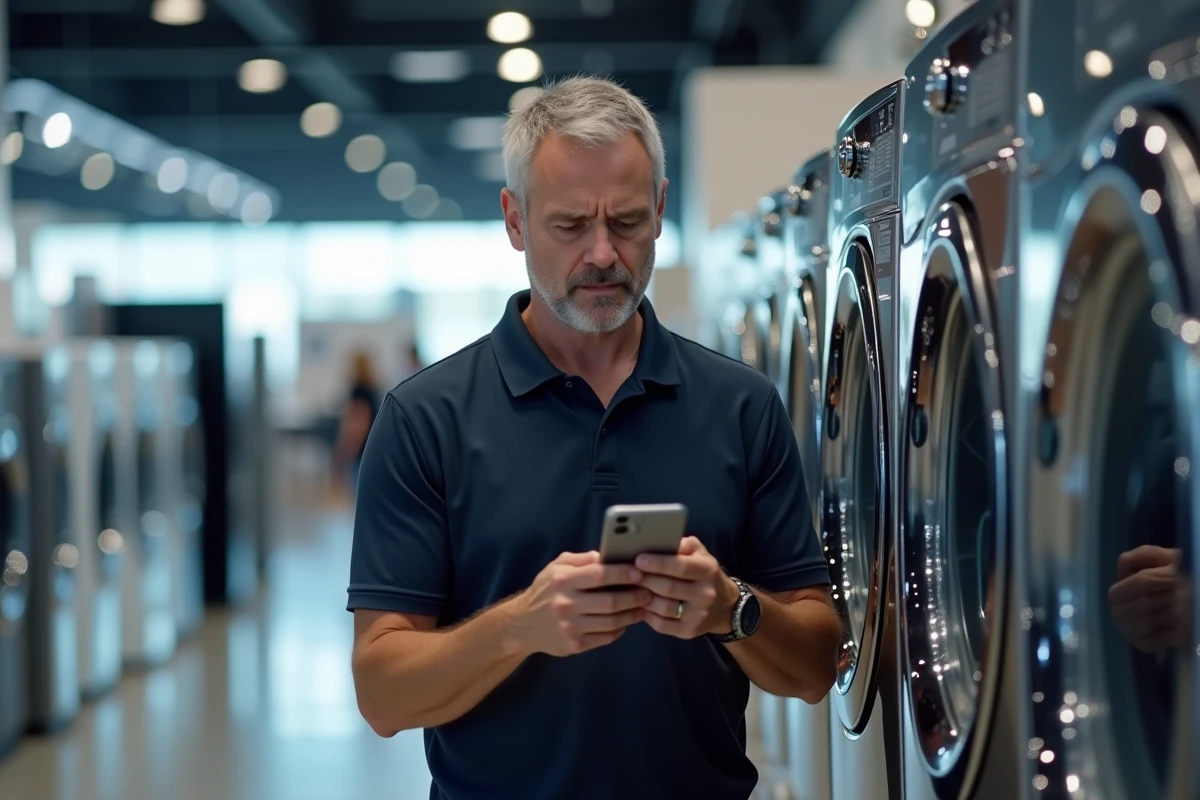 Homme consultant son téléphone dans un magasin d'électroménager pour vérifier une garantie Darty