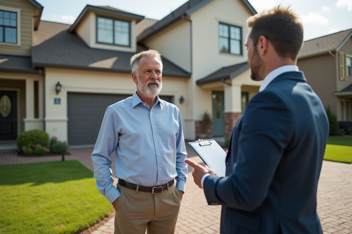Homme devant sa maison parlant avec un expert en estimation