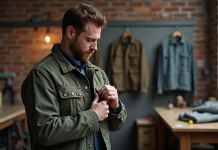 Reconnaître vrai Carhartt : conseils et astuces pour l’authenticité Homme inspectant une veste de travail dans un atelier industriel