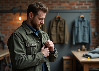 Reconnaître vrai Carhartt : conseils et astuces pour l’authenticité Homme inspectant une veste de travail dans un atelier industriel
