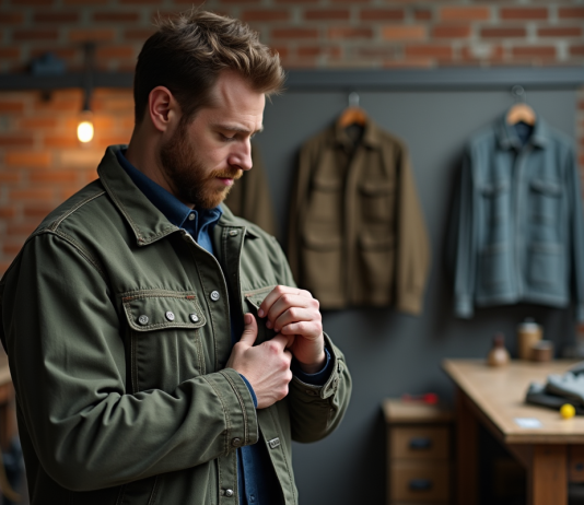Reconnaître vrai Carhartt : conseils et astuces pour l’authenticité Homme inspectant une veste de travail dans un atelier industriel