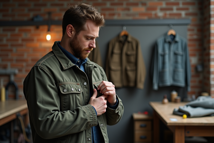 Homme inspectant une veste de travail dans un atelier industriel