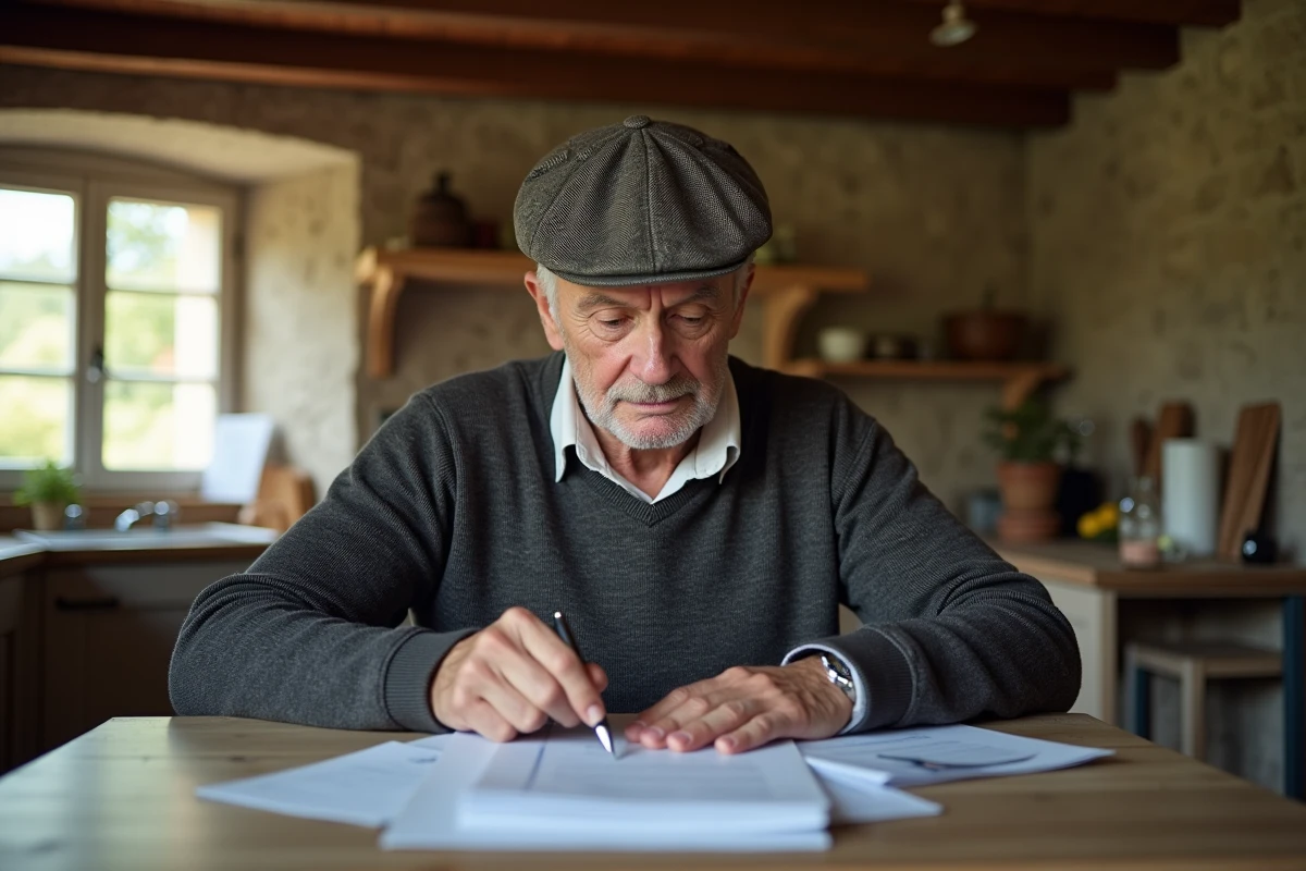Homme âgé examinant des documents dans sa cuisine