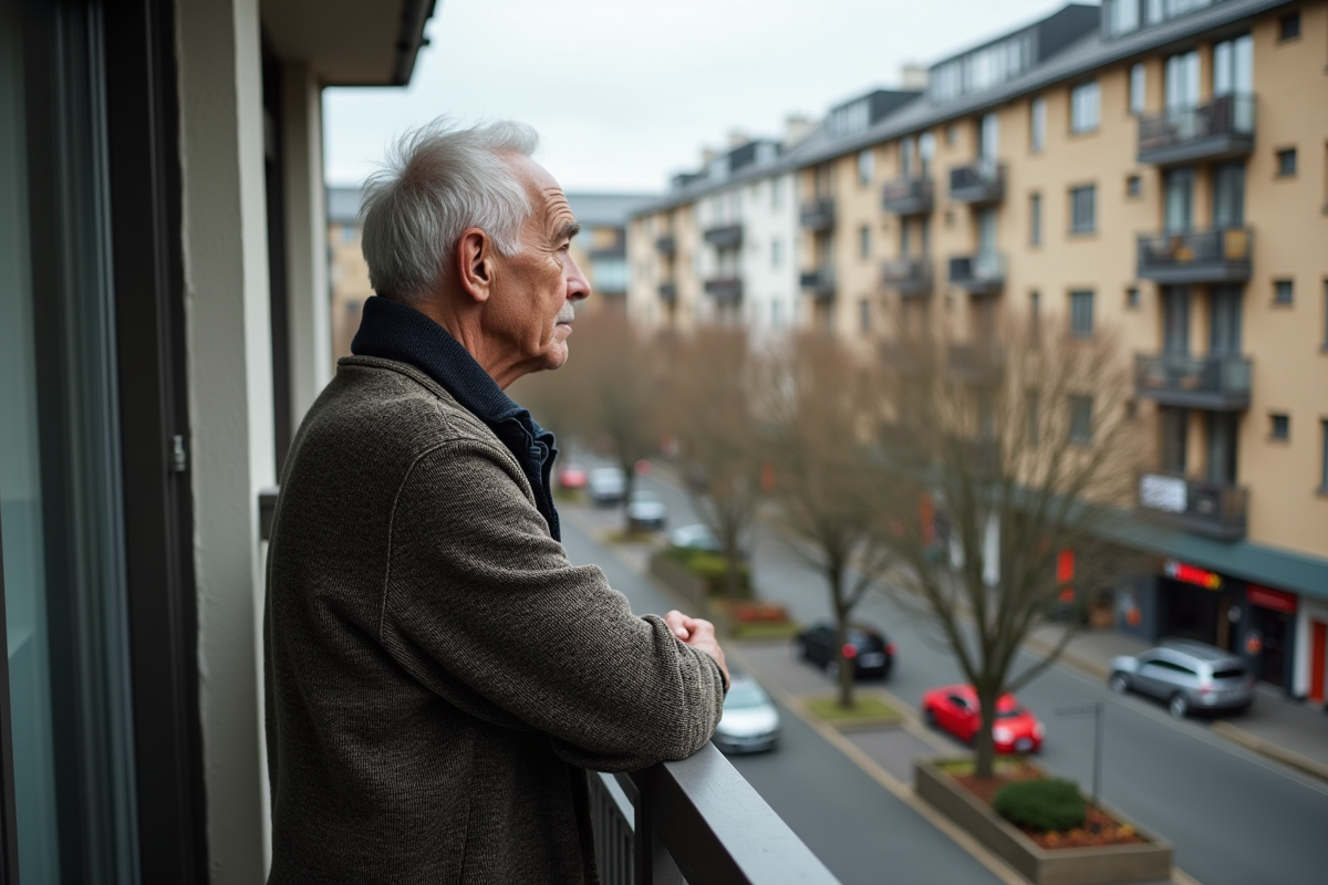 Homme âgé regardant le quartier urbain depuis un balcon