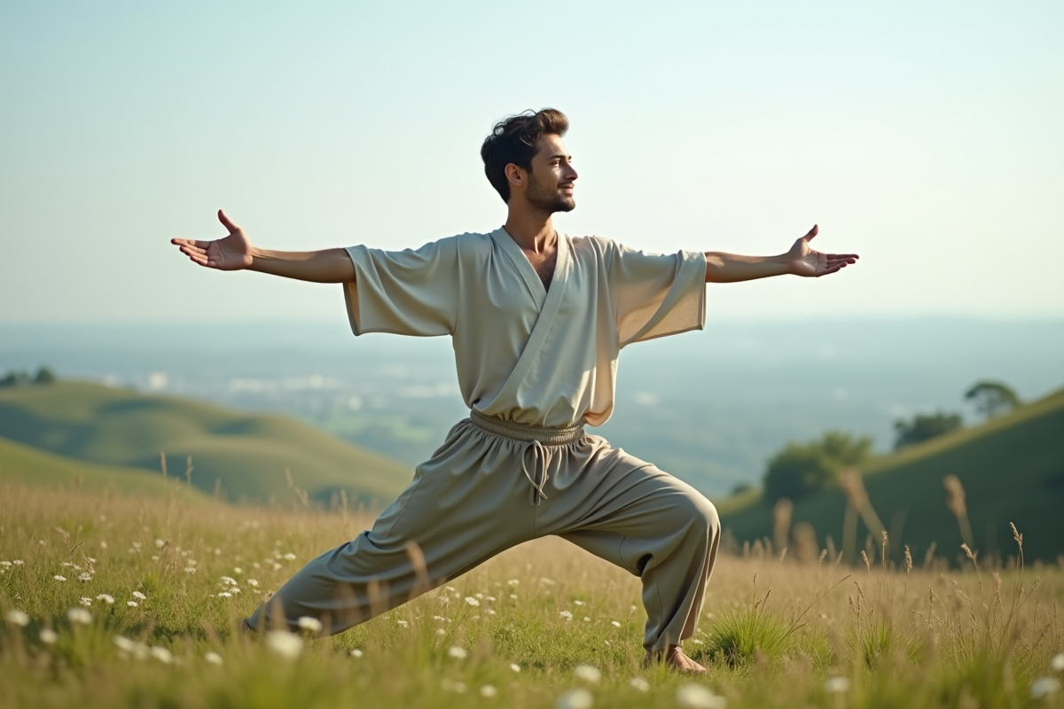 Homme pratiquant yoga en plein air sur une colline verdoyante