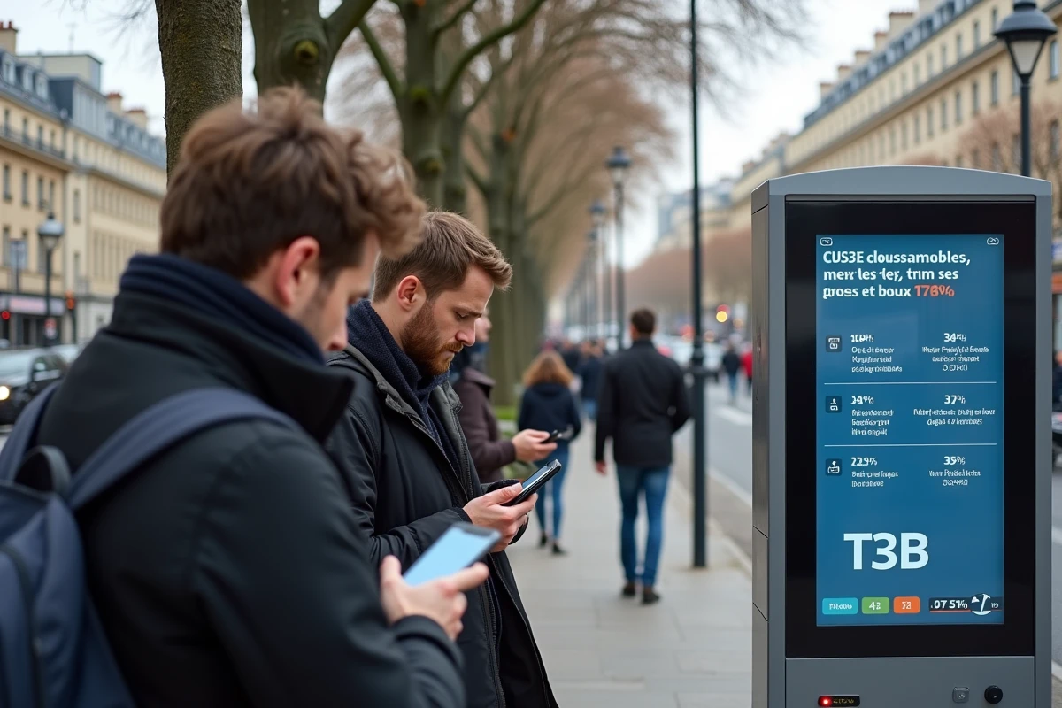 Voyageurs consultant les horaires en temps réel sur un panneau d'information du tramway T3B à Paris