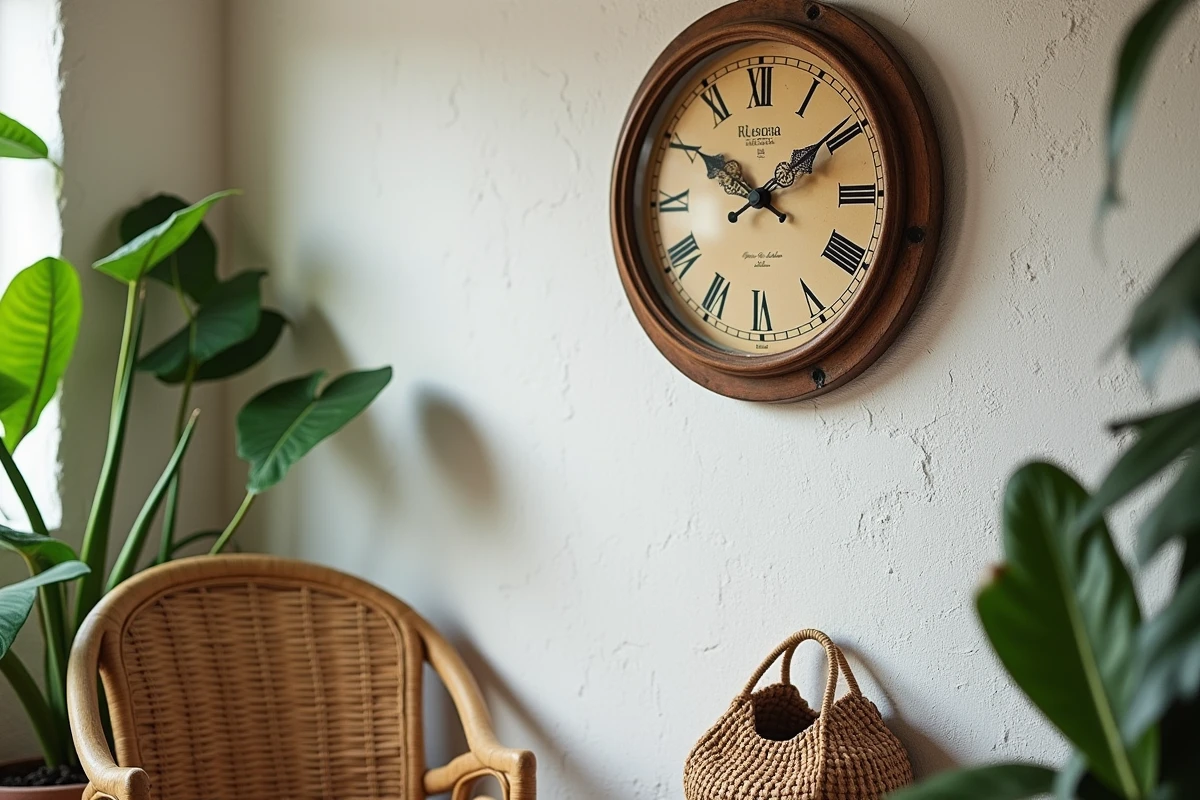 Horloge murale vintage indiquant l'heure locale dans une maison créole traditionnelle en Guadeloupe