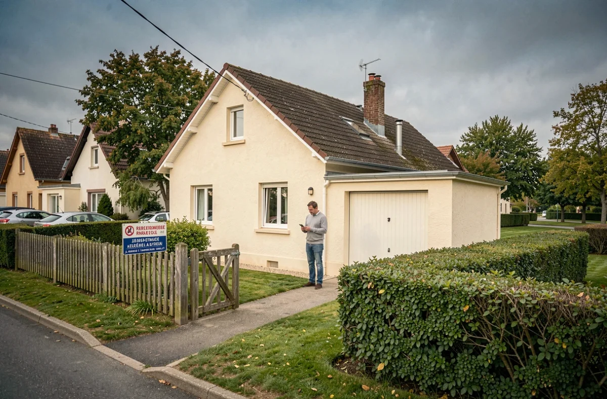 Maison individuelle typique de Sarralbe avec panneau immobilier dans un quartier résidentiel calme