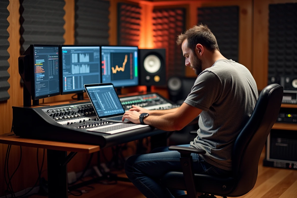 Ingénieur du son utilisant un simulateur de niveau sonore sur ordinateur portable devant une console de mixage en studio