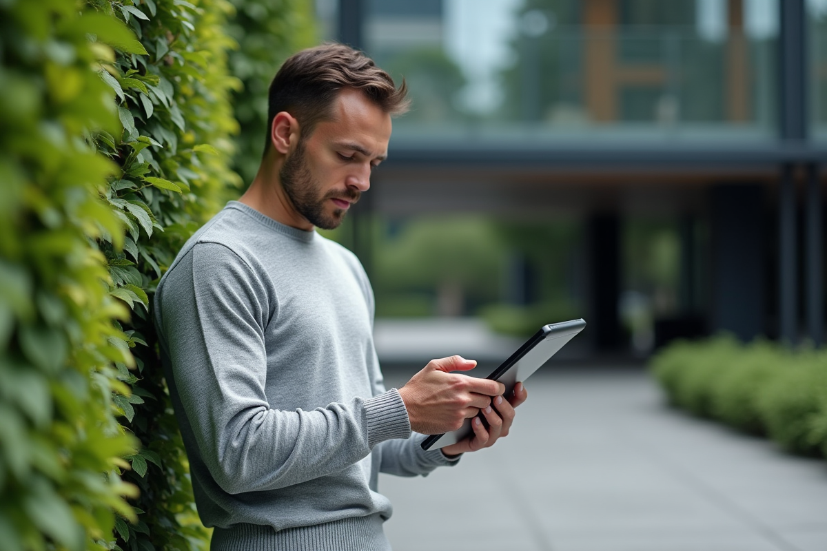 Ingénieur textile en extérieur avec textile moderne et mur végétal