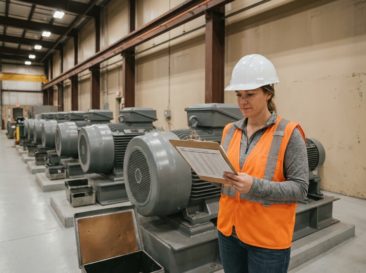 Ingénieure examinant le planning de maintenance préventive d'une ligne de moteurs industriels