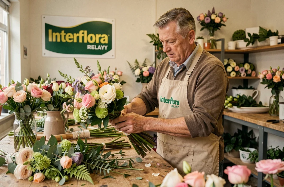 Artisan fleuriste relais Interflora dans le 92 assemblant un bouquet dans son atelier