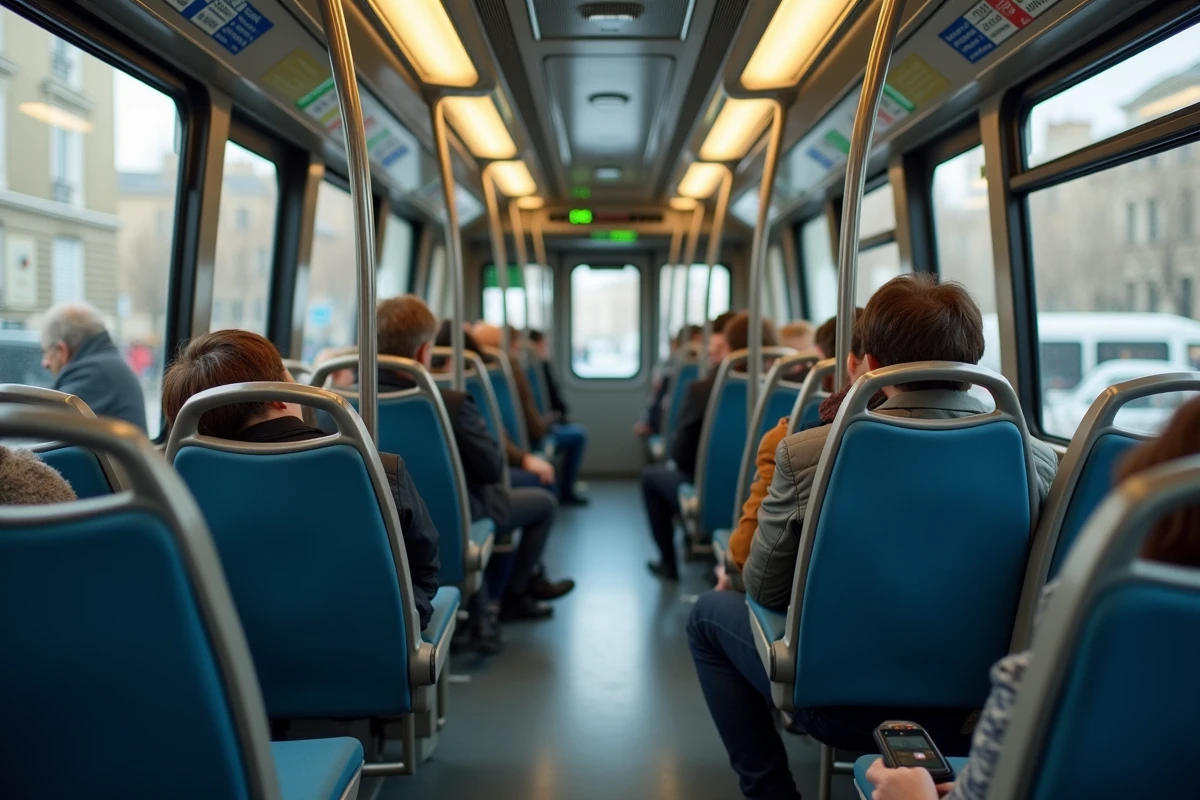 Intérieur d'une rame de tramway T3B avec des passagers assis pendant l'heure de pointe à Paris