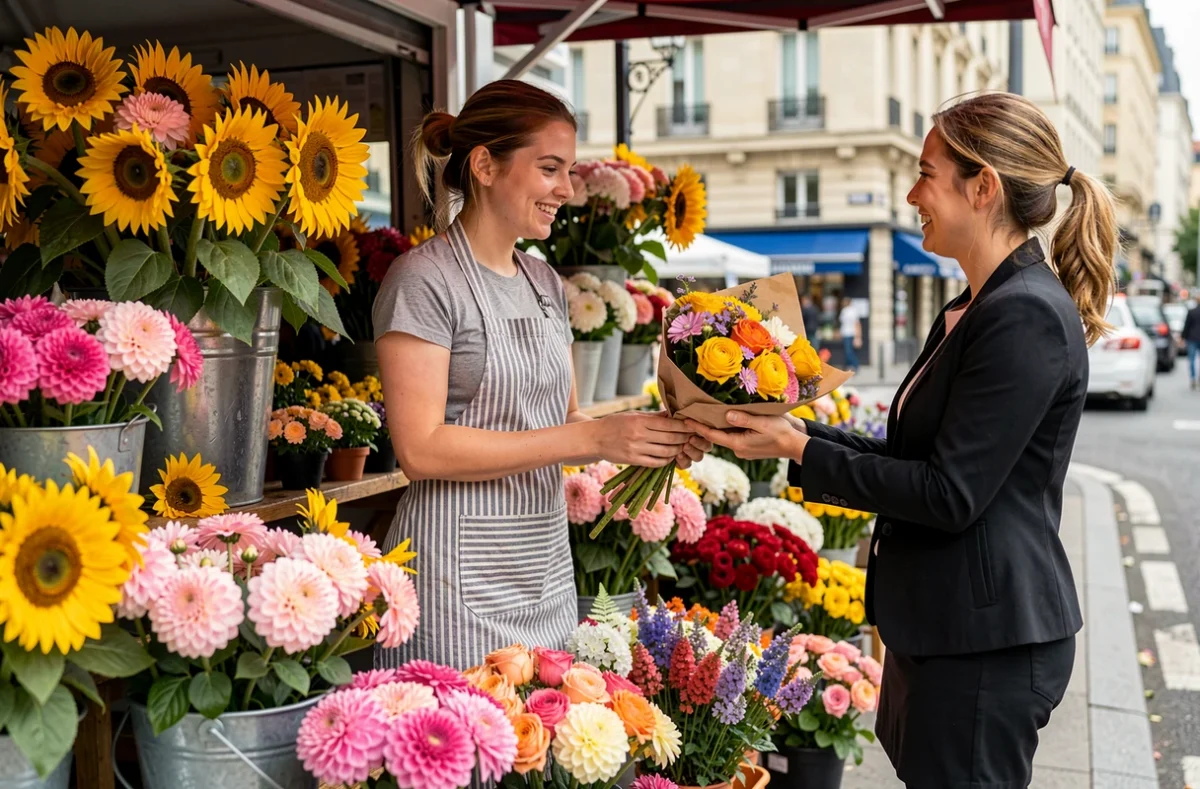 Stand de bouquets accessibles au marché de Boulogne-Billancourt avec une fleuriste servant une cliente
