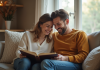 Jeune couple riant dans un salon cosy avec album de mariage