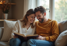 Jeune couple riant dans un salon cosy avec album de mariage
