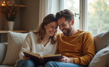 Jeune couple riant dans un salon cosy avec album de mariage
