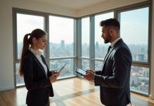 Jeune couple élégant visitant un appartement lumineux