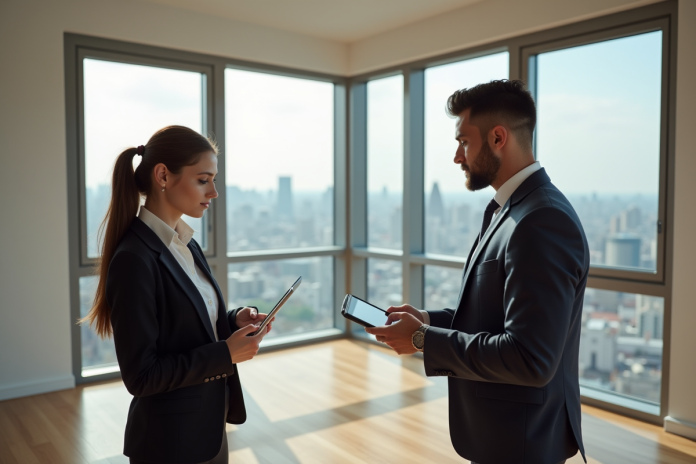 Jeune couple élégant visitant un appartement lumineux