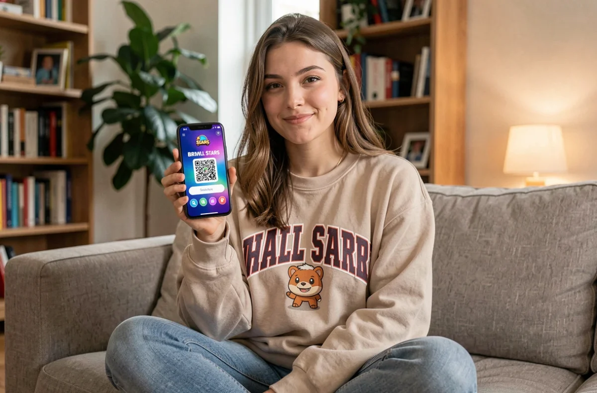 Jeune femme consultant la confirmation de scan d'un QR code Brawl Stars pour compte secondaire sur canapé