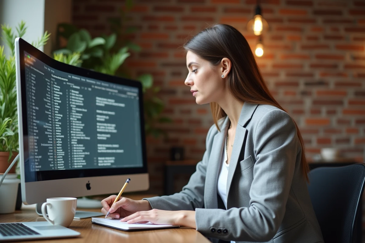 Jeune femme entrepreneure analysant plans d