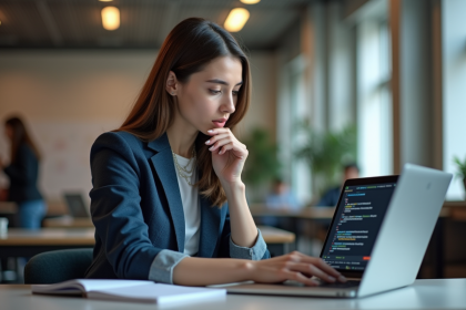 Jeune femme en étude de cybersécurité concentrée