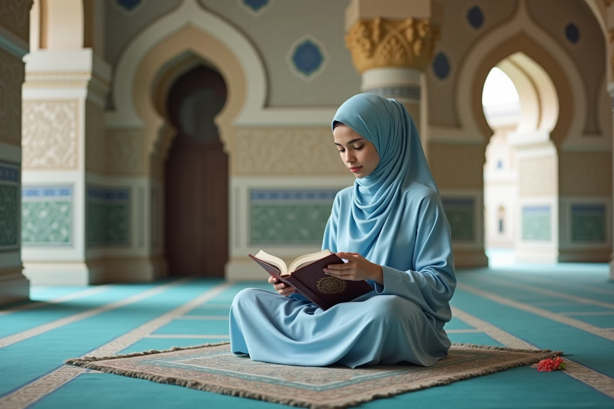 Jeune femme musulmane priant dans une mosquee