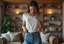 Jeune femme en salon portant jeans inconfortables et T-shirt