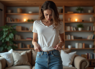 Jeune femme en salon portant jeans inconfortables et T-shirt