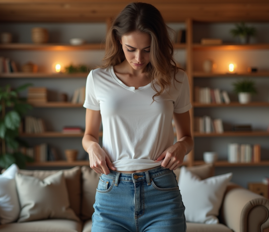 Jeune femme en salon portant jeans inconfortables et T-shirt