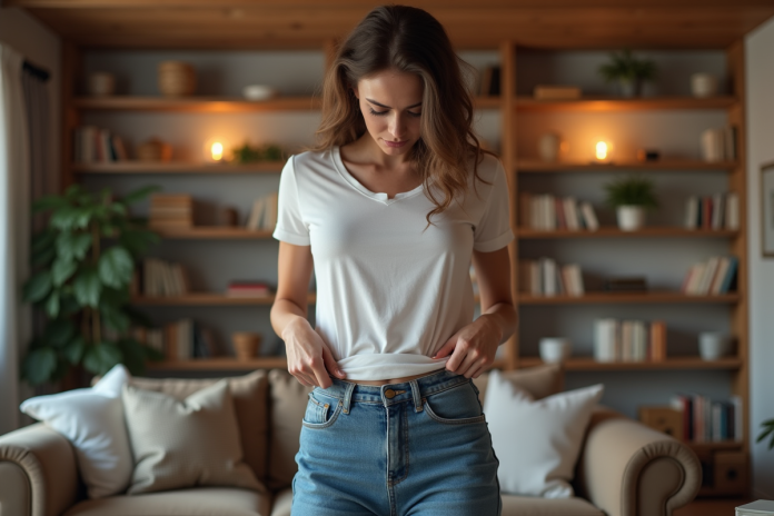 Jeune femme en salon portant jeans inconfortables et T-shirt