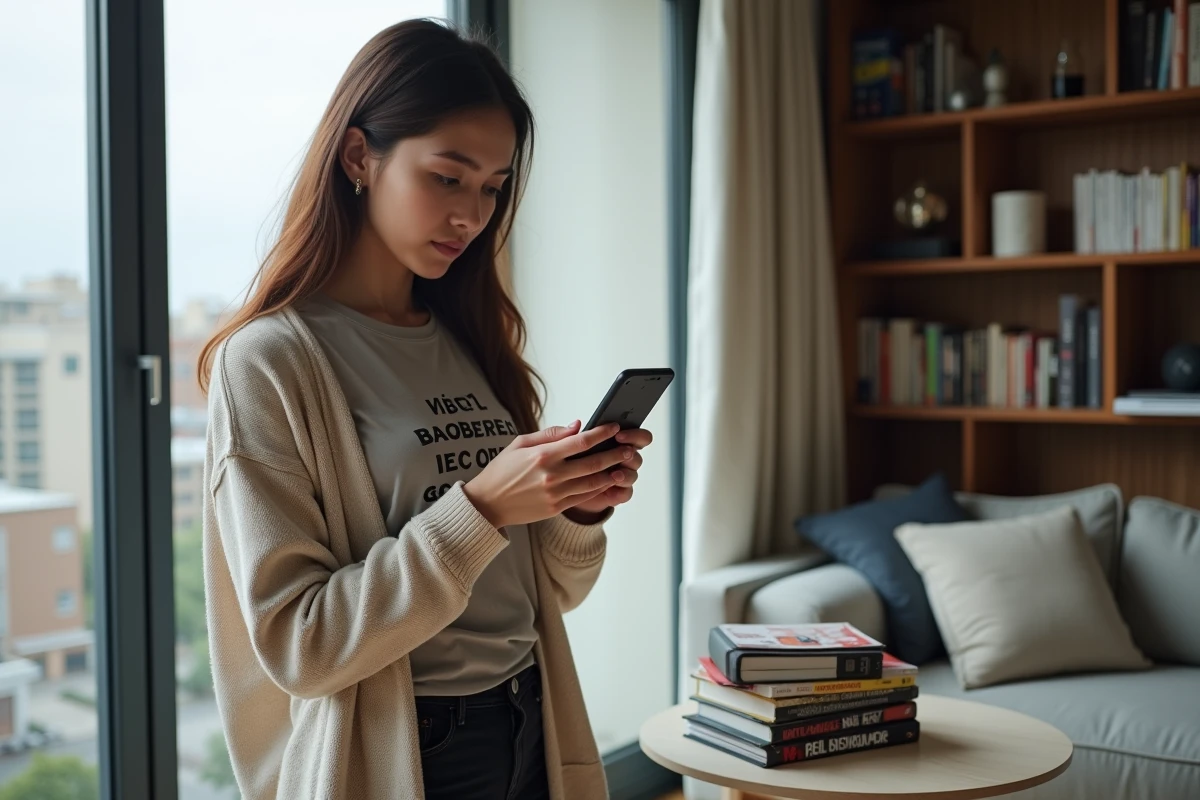 Jeune femme regardant son smartphone avec manga dans un salon moderne