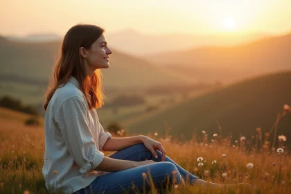 Jeune femme pensive sur une colline au lever du soleil