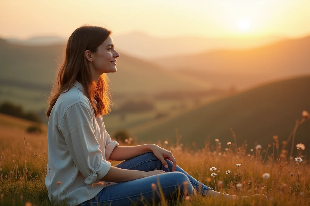 Jeune femme pensive sur une colline au lever du soleil