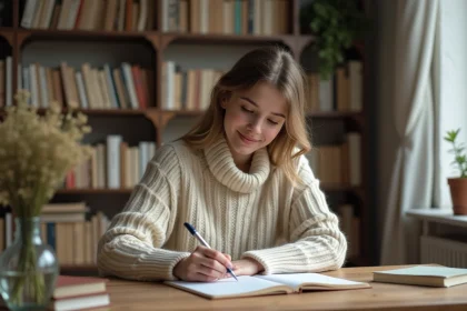 Jeune femme écrivant un poème d'amour dans un bureau cosy