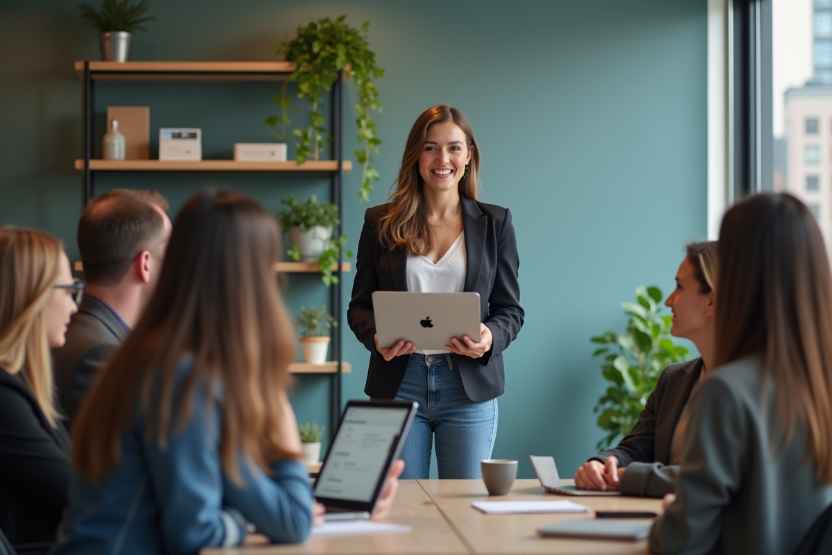 Jeune femme présentant un logo Bullrot à un groupe en réunion
