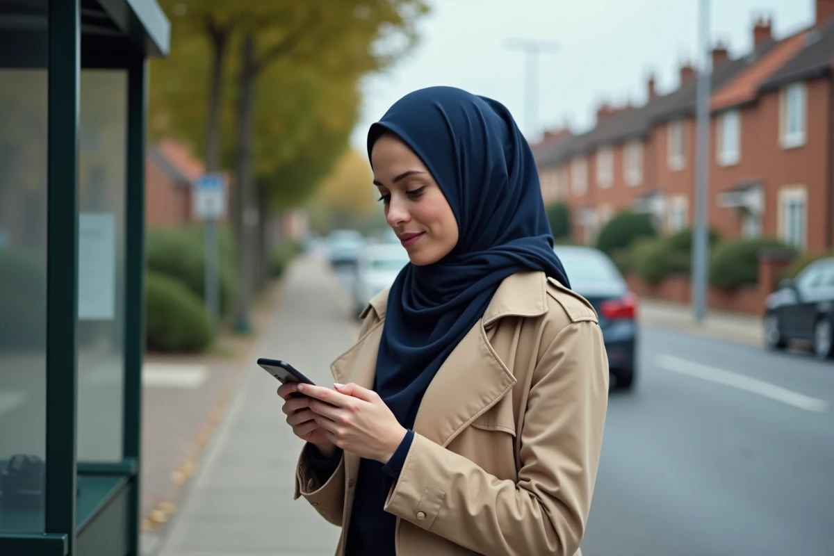 Jeune femme en hijab vérifiant l'heure de prière à Tremblay