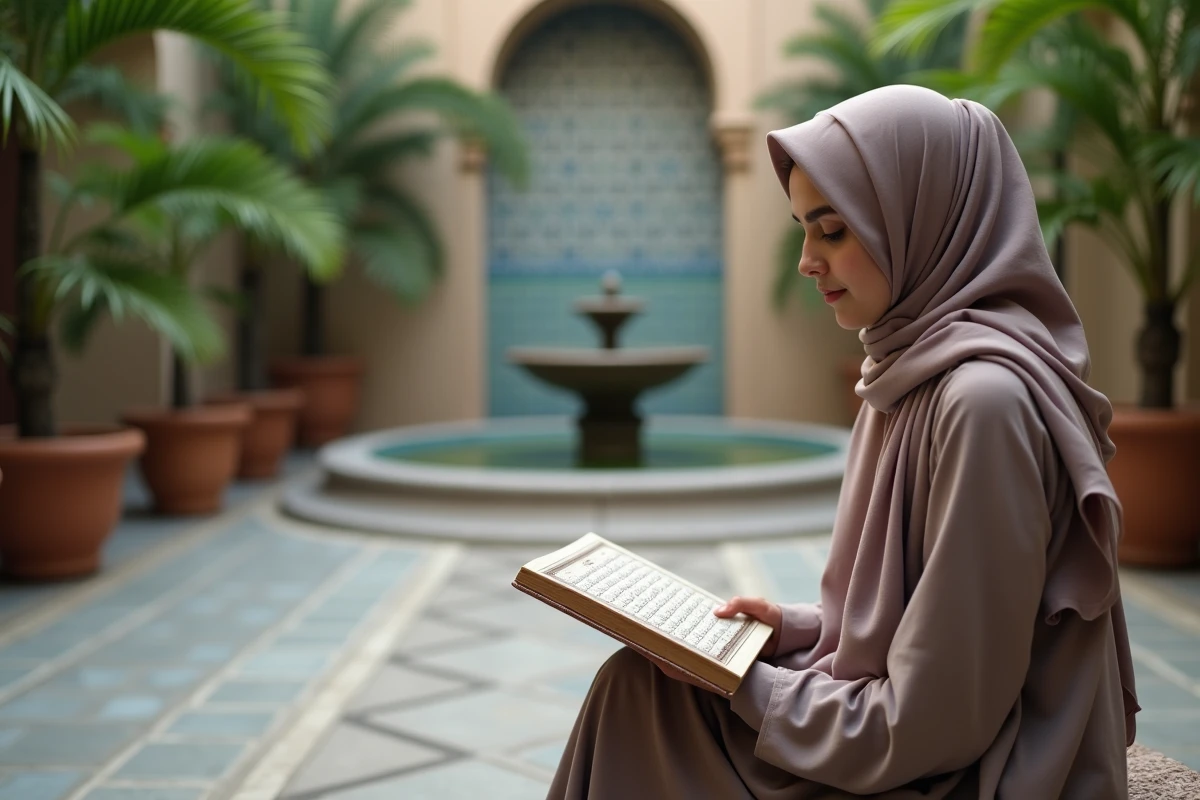 Jeune femme méditant avec un Quran dans une cour paisible