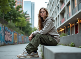 Jeune femme en streetwear assise en ville dynamique