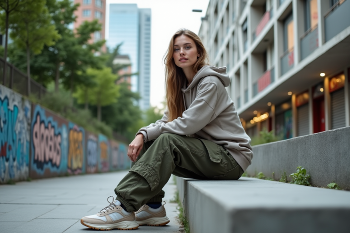 Jeune femme en streetwear assise en ville dynamique